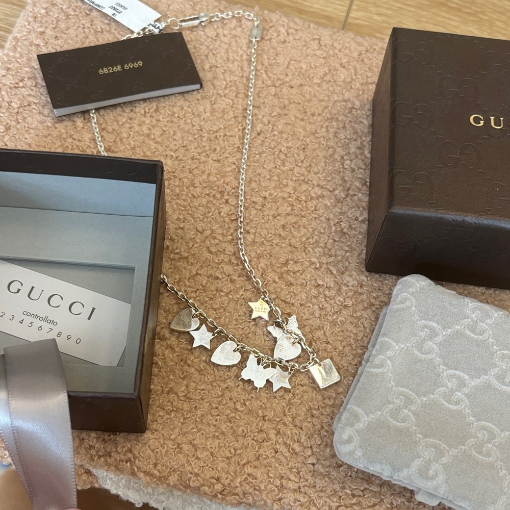 Gucci Silver Multi Charm Necklace with Hearts, Stars & Tag Charms - Picture 6 of 8
